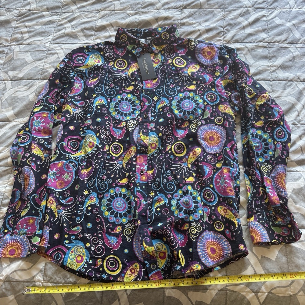 Vintage Luc Matton Shirt Men Large Black Geometric Long Sleeve Psychedelic Party